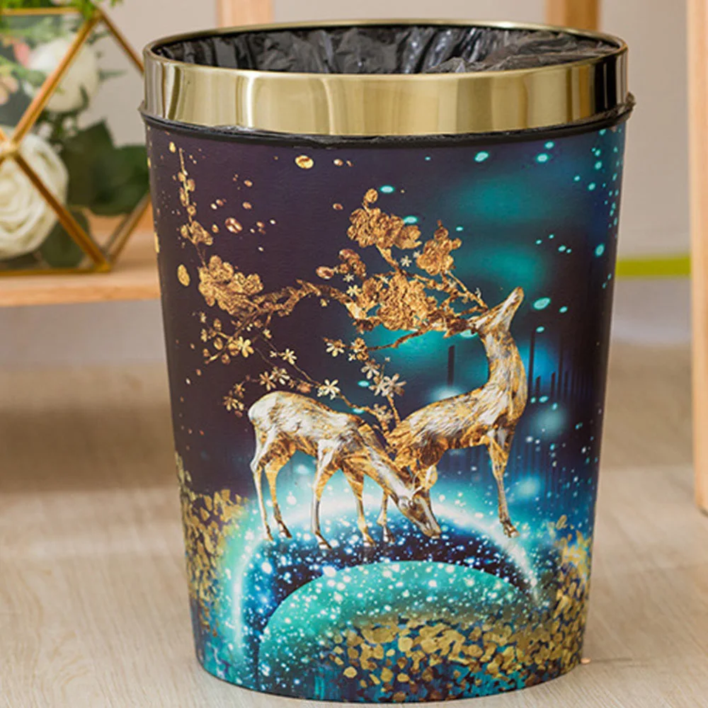 1pc Classic Leather Trash Can Deer Pattern Waste Paper Basket for Office Hotel Home