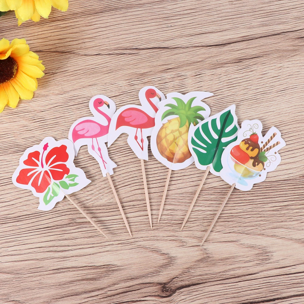 24pcs Hawaii Theme Cartoon Cake Toppers Flamingo Pineapple Cake Picks Cupcake Decor Party Supplies for Wedding Birthday Festival