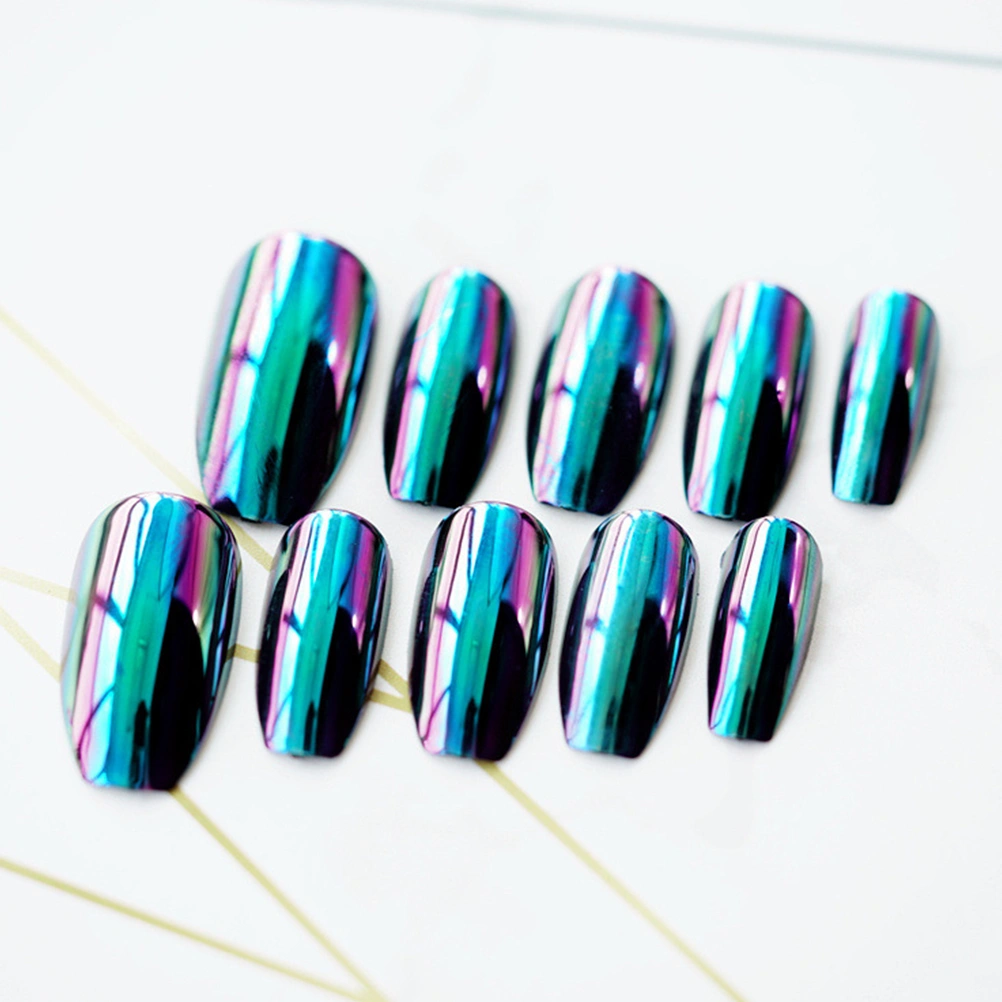 24pcs Color Changing Mirror Reflection False Nails Elegant Manicure Full Cover Medium Length Fake Nails Art Accessories False Nails (Glue Pattern)