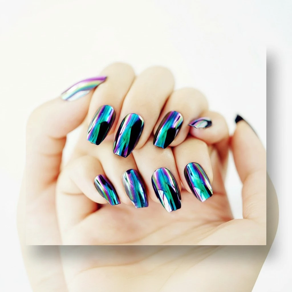 24pcs Color Changing Mirror Reflection False Nails Elegant Manicure Full Cover Medium Length Fake Nails Art Accessories False Nails (Glue Pattern)