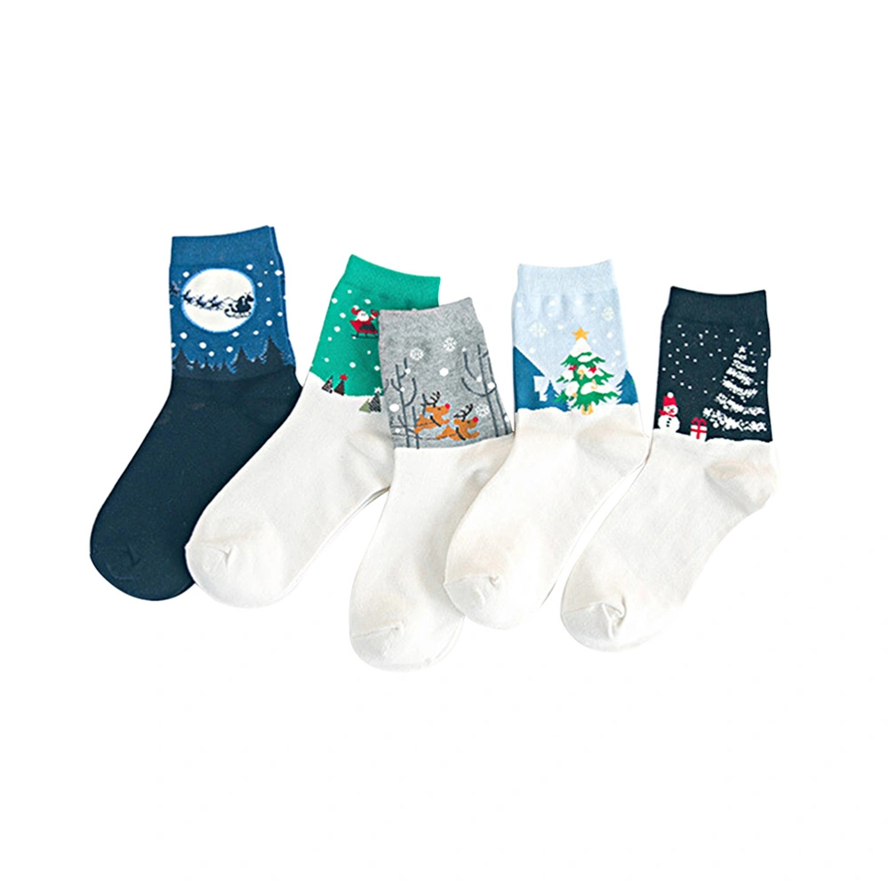 5 Pairs Christmas Socks Deer Snowflake Patterned Holiday Long Socks (Random Style)