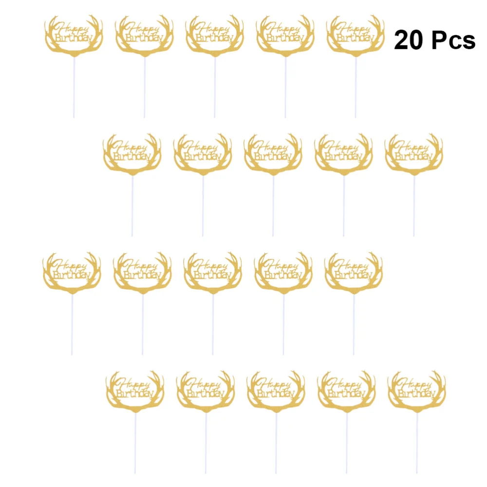 20PCS Happy Birthday Cake Toppers Glitter Paper Antler Cupcake Picks Party Supplies for Decoration (Golden)