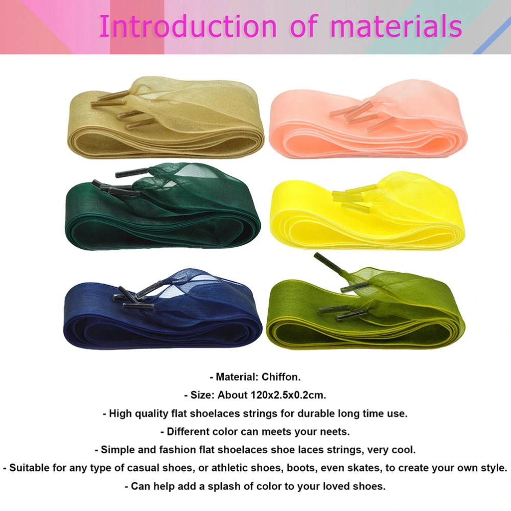 6 Pairs of 2.5x115cm Wide Lace Chiffon Shoelaces Creative Shoe Laces Fashion Shoe Strings Lace (115-120cm Length, Khaki + Navy Blue + Yellow + Atrovirens + Tender Pink + Green)