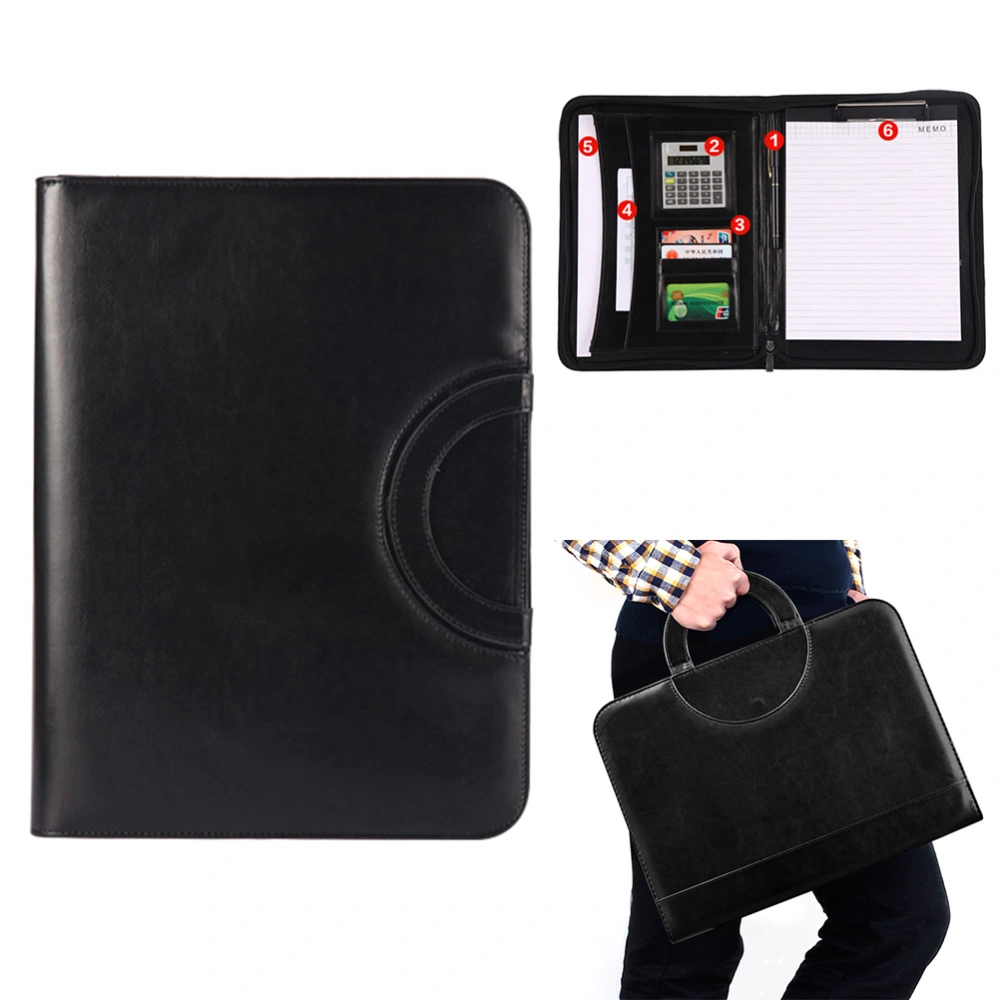 A4 Multifunctional Portable PU Leather Business Office Portfolio Document Resume Zipper Portfolio File Folders with Calculator (Black)