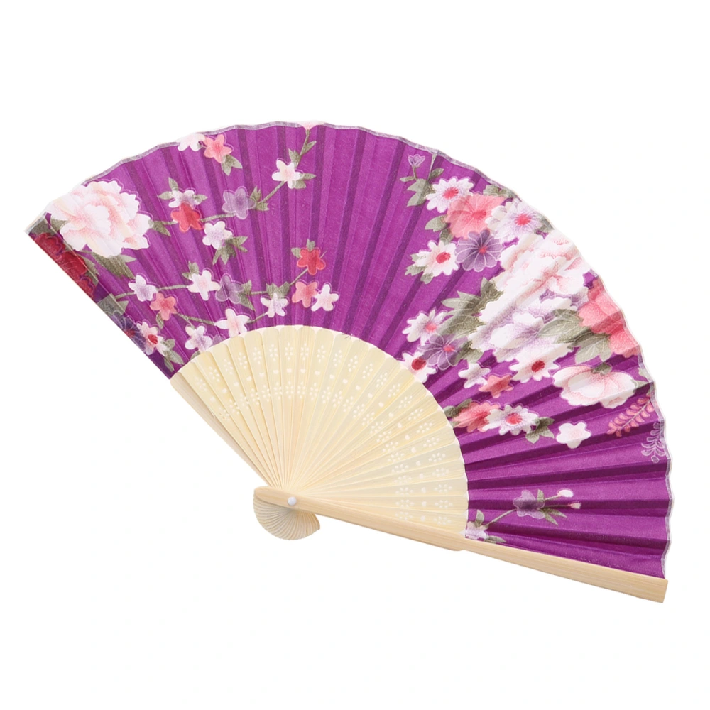 Silk Folding Fan Japanese Style Classic Vintage Bamboo Collapsible Handheld Fan (Purple)