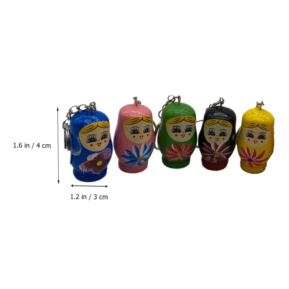 5Pcs Russian Dolls Key Chain Wood Key Ring Colored Drawing Pendant(Random Color)