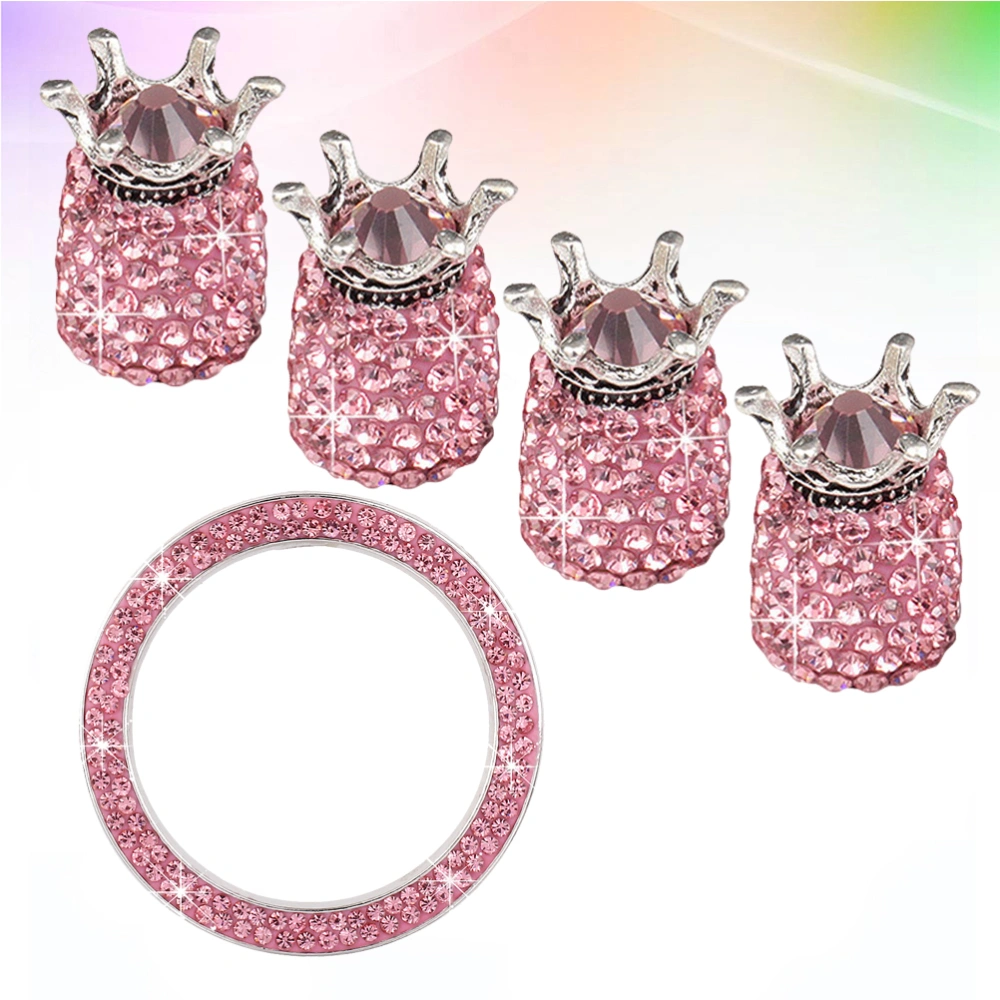 5PCS/Set Universal Crown Shape Rhinestone Car Start Key Tire Dust Caps Decoration Auto Stem Caps Ignition Button Ring (Pink)