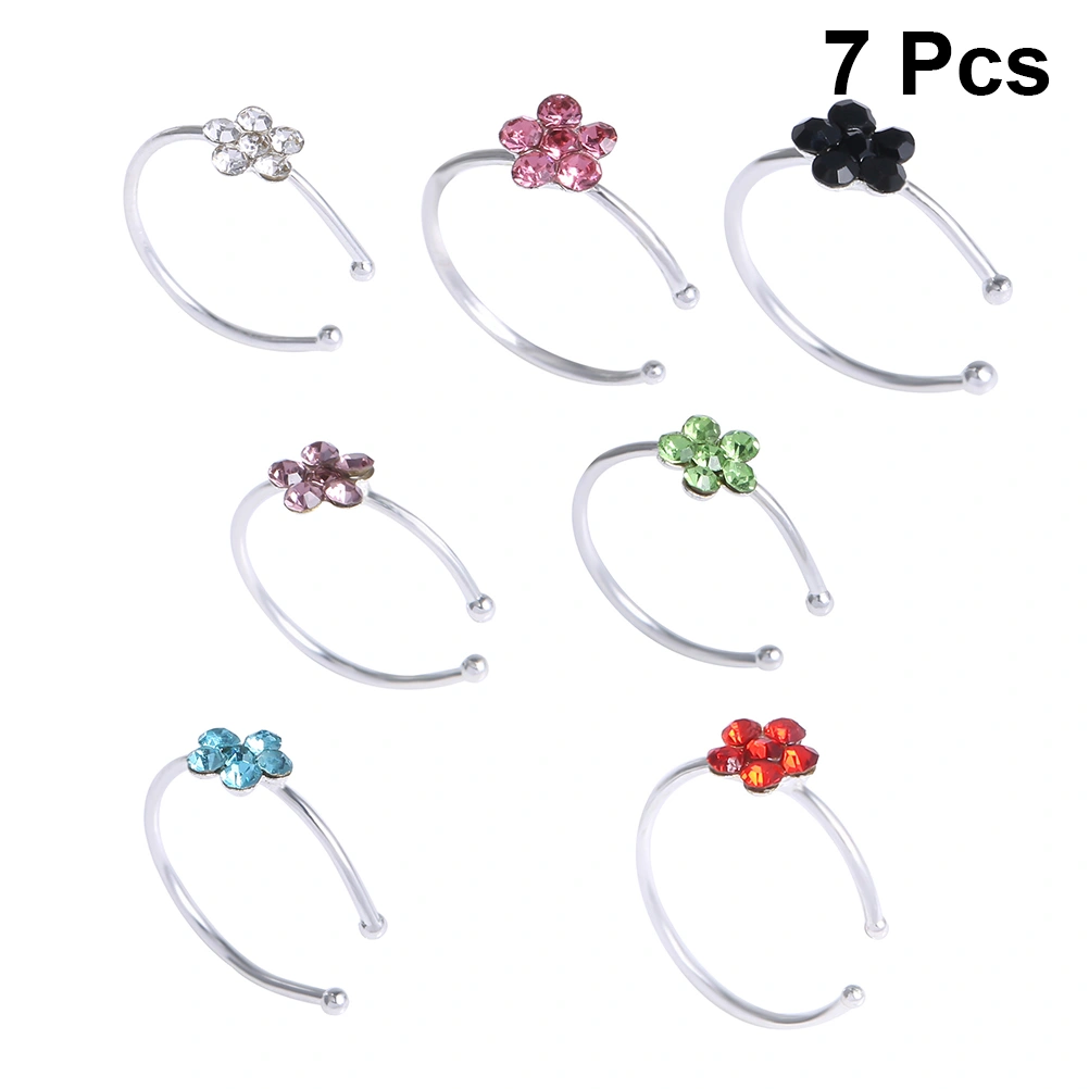 7pcs Women Plum C Type Nose Ring Rhinestone Nostril Nose Crystal Stud Ring Body Jewelry (7 Colors Rhinestone)
