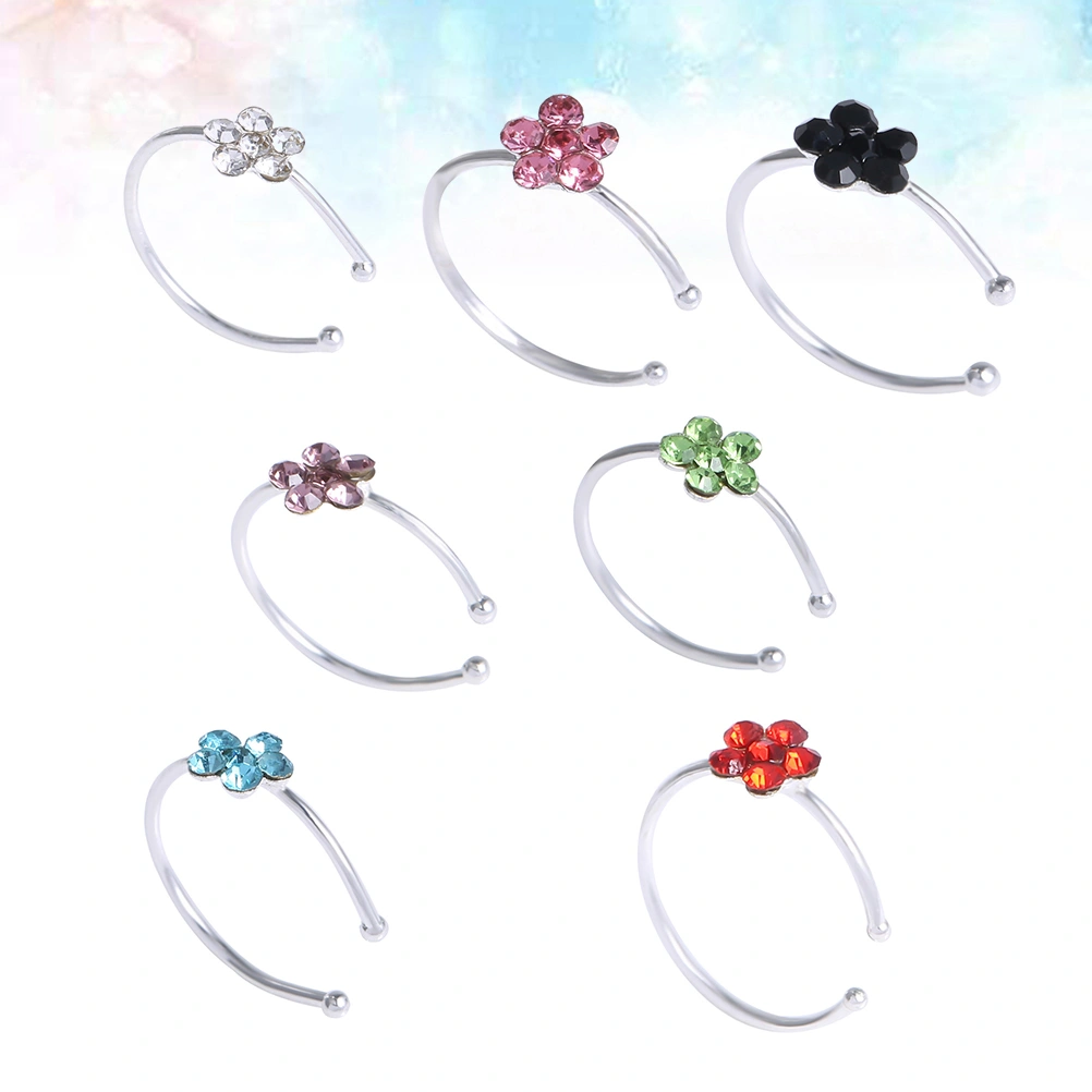 7pcs Women Plum C Type Nose Ring Rhinestone Nostril Nose Crystal Stud Ring Body Jewelry (7 Colors Rhinestone)