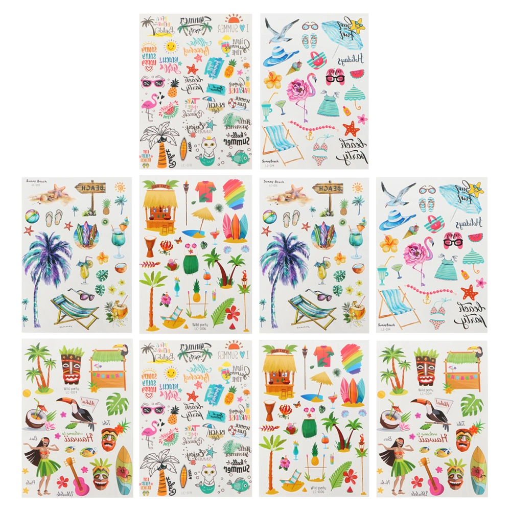 10 Sheets Hawaiian Theme Temporary Tattoos Waterproof Self-adhesive Stickers Funny Summer Beach Decals Decor(5 Pattern, 2 Sheets for Each Pattern)