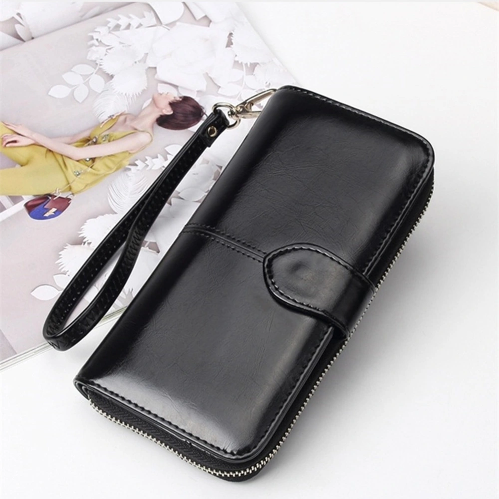 1pc Female Zipper Handbag Press Buckle Wallet Credit Holder PU Leather Coin Purse for Home Outdoor Black