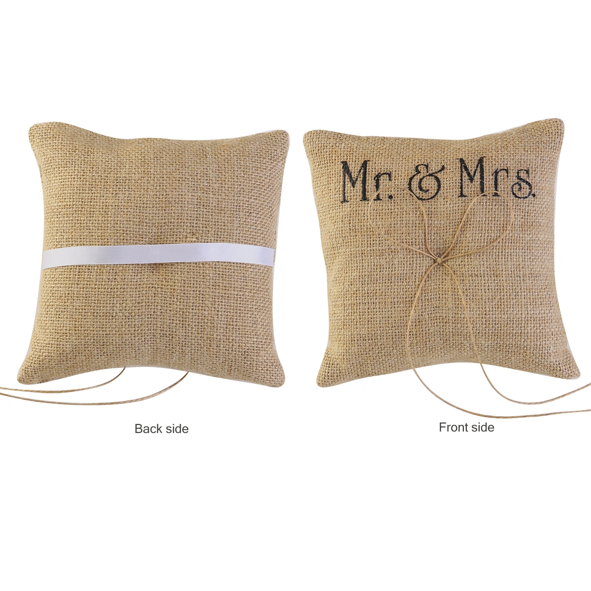 TINKSKY Mr & Mrs Burlap Jute Bow Twine Rustic Wedding Ring Pillow