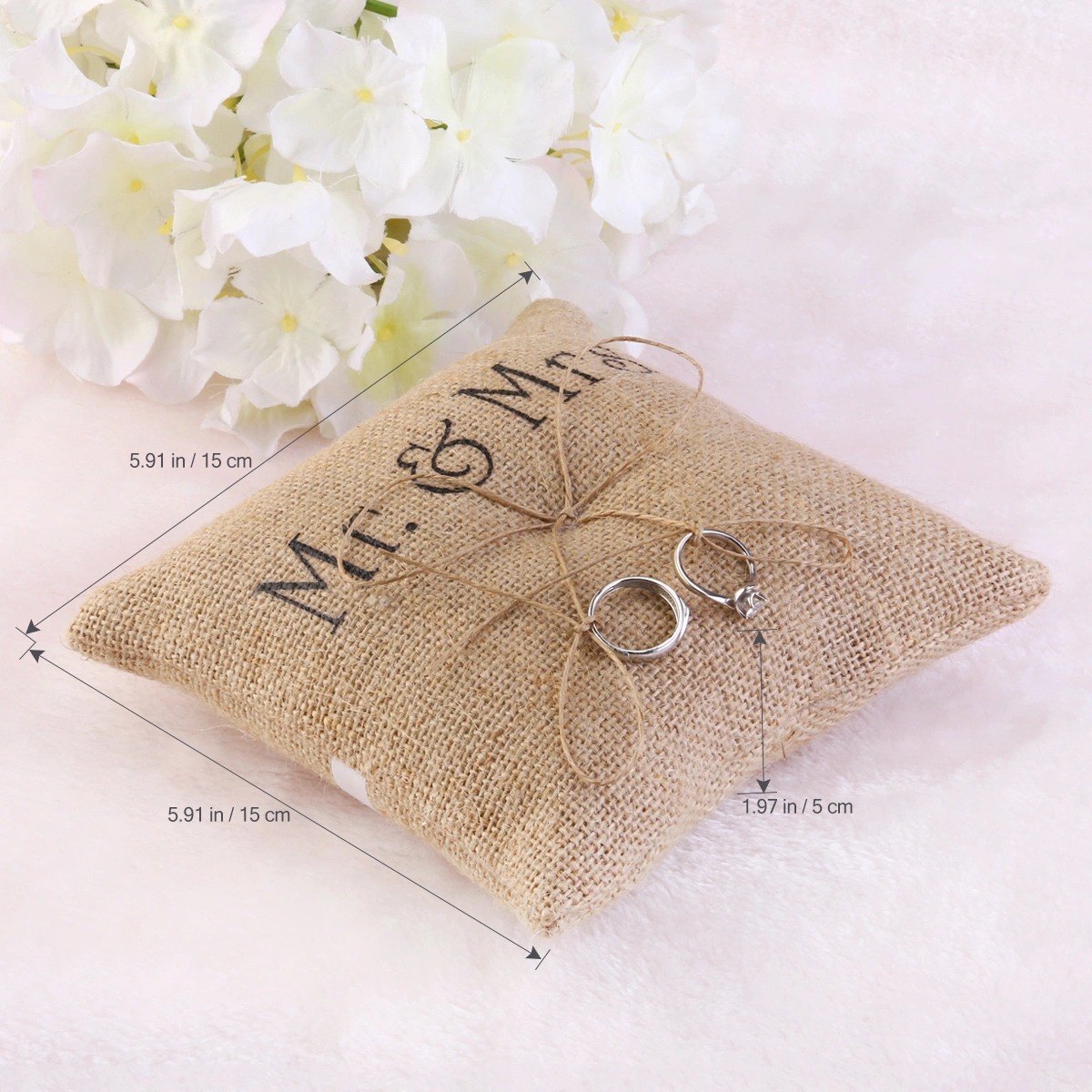 TINKSKY Mr & Mrs Burlap Jute Bow Twine Rustic Wedding Ring Pillow