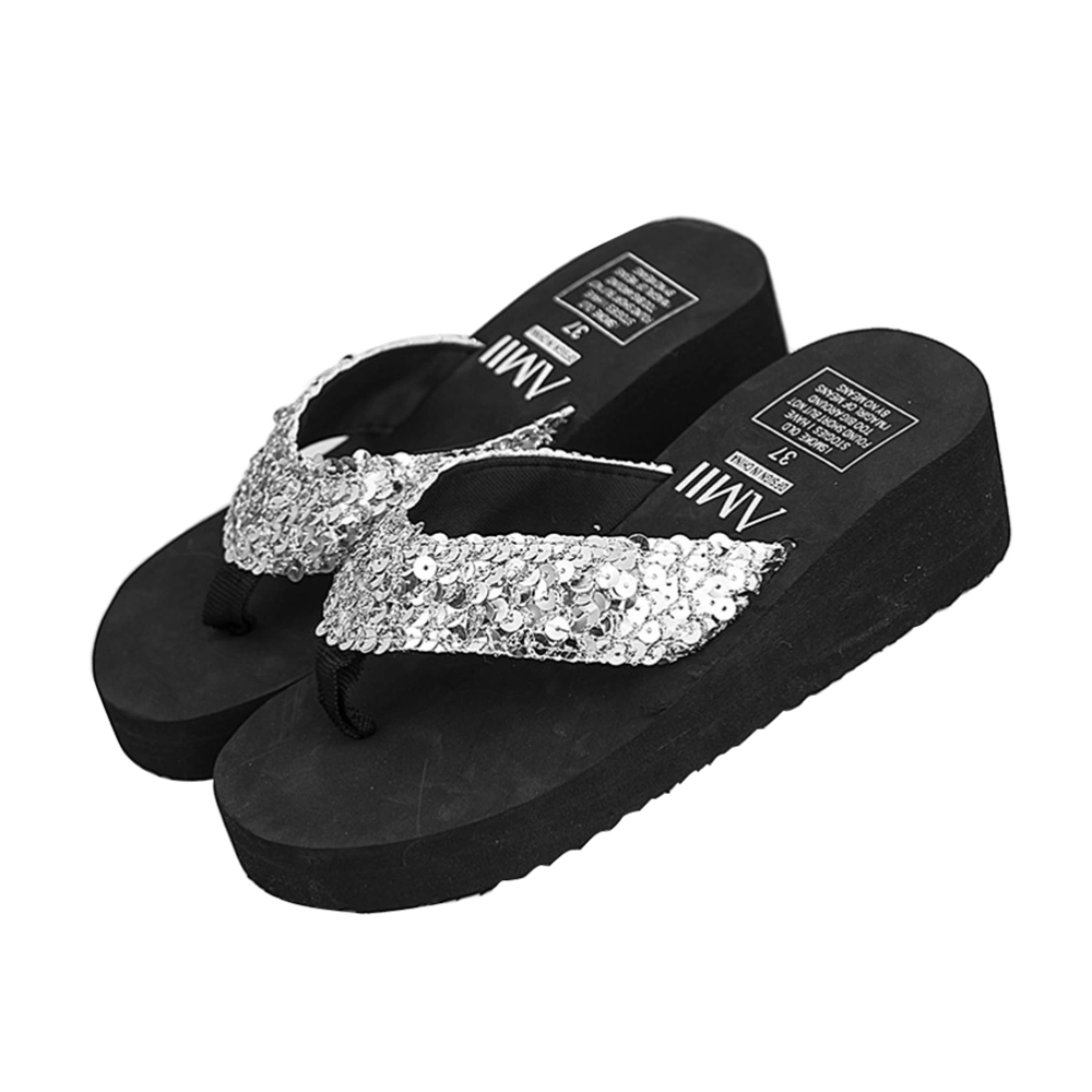 Women's Glitter Platform Sandals Shiny Thong Sandals Non-slip Wedge Heel Flops Size 37 (Silver)