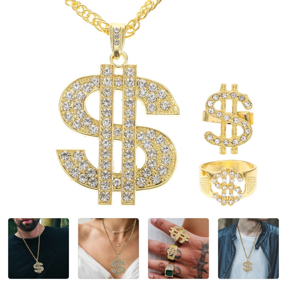 3Pcs Dollar Ring Necklace Punk Style Finger Ring Neck Chain Hip Hop Costume