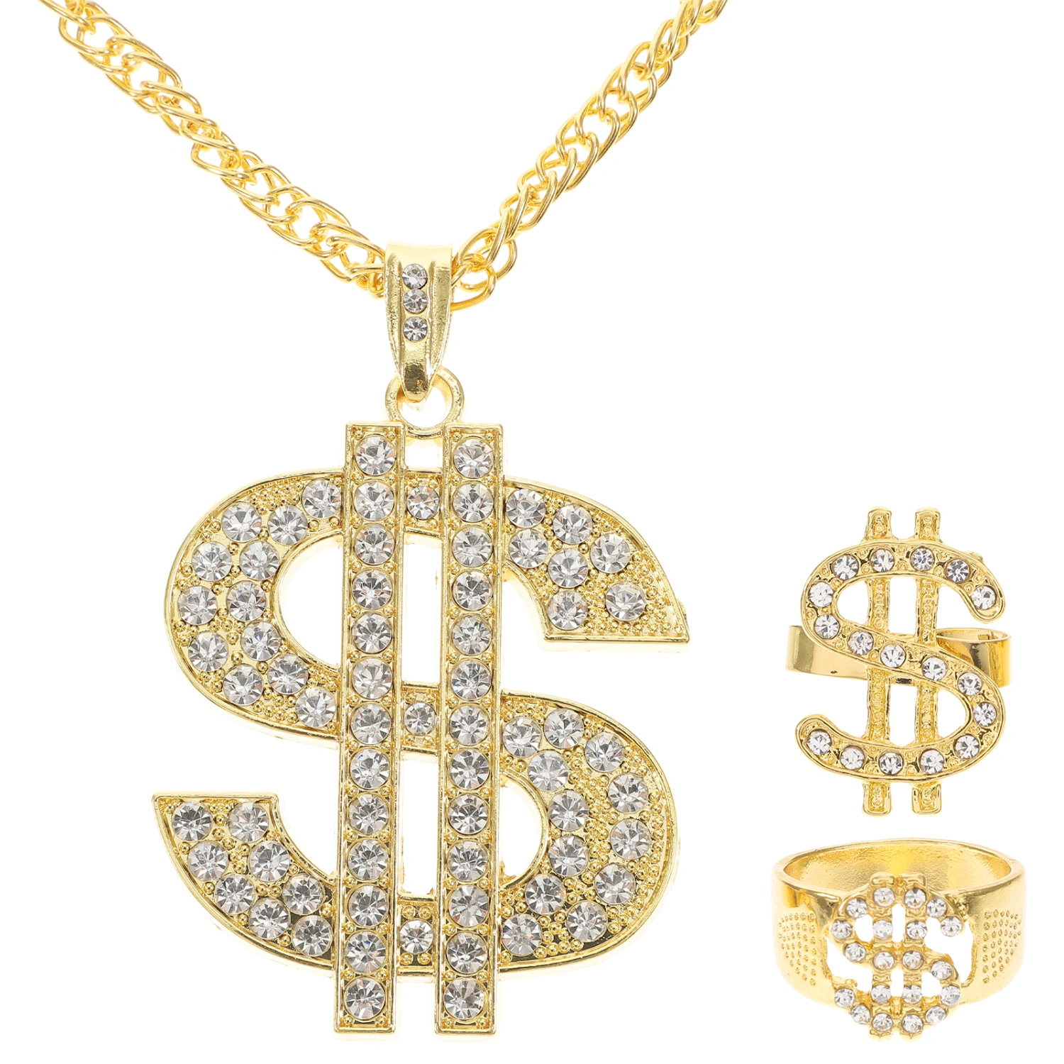 3Pcs Dollar Ring Necklace Punk Style Finger Ring Neck Chain Hip Hop Costume