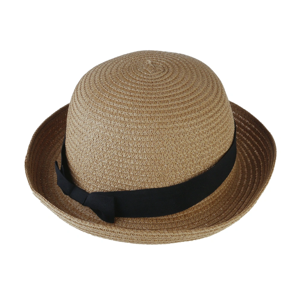 Fashion Women's Girls Bowknot Roll-up Wide Brim Dome Straw Summer Sun Hat Bowler Beach (Light Coffee)