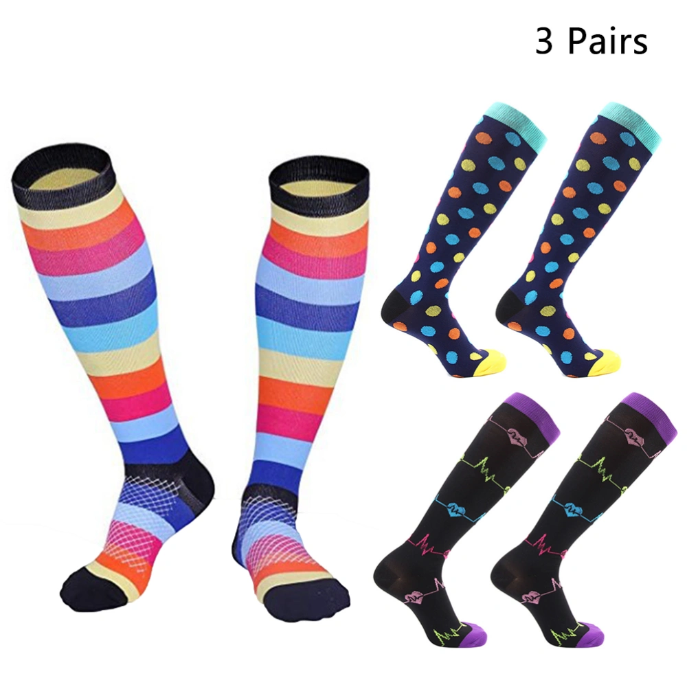 3 Pair of Compression Socks Long Fashion Casual Crew Stockings Elasticity Comfortable Socks Size S/M (ECG + Dot + Color Stripe Pattern)