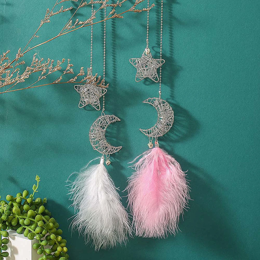 1pc Hand Woven Moon Star Hollow Pendant Backpack Charm Hanging Pendant Bag Ornament for Friends Family Co-worker (Pink)