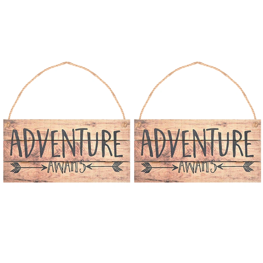 2 Pcs Creative Wooden Sign Adventure Letter Printed Hanging Door Plaque Hemp Rope Crafts Door Hanging Plaque Pendant for Family Cafe Bar (Brown)