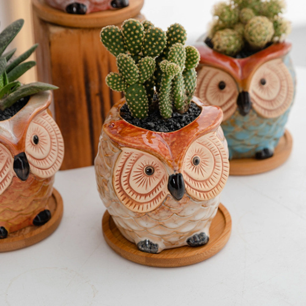 4pcs Owl Style Ceramic Flower Pot Mini Succulent Plant Flower Pot Straight Round Potting Pot Household Flower Container with 4PCS Base Tray for Home Store (Without Plants)