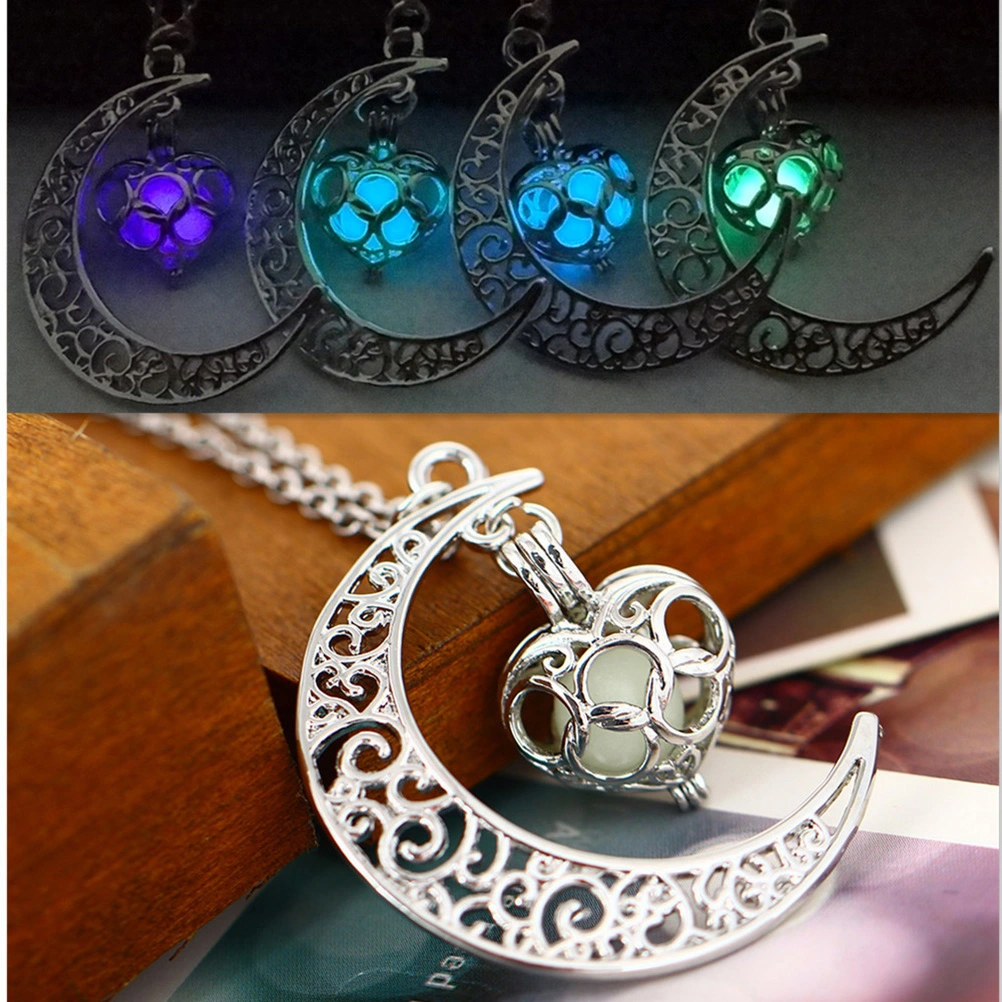 Fashion Glow in the Dark Luminous Pendant Necklace Moon Hollow with Ball Night Light Necklac Valentine's Day Gift for Women (Purple)