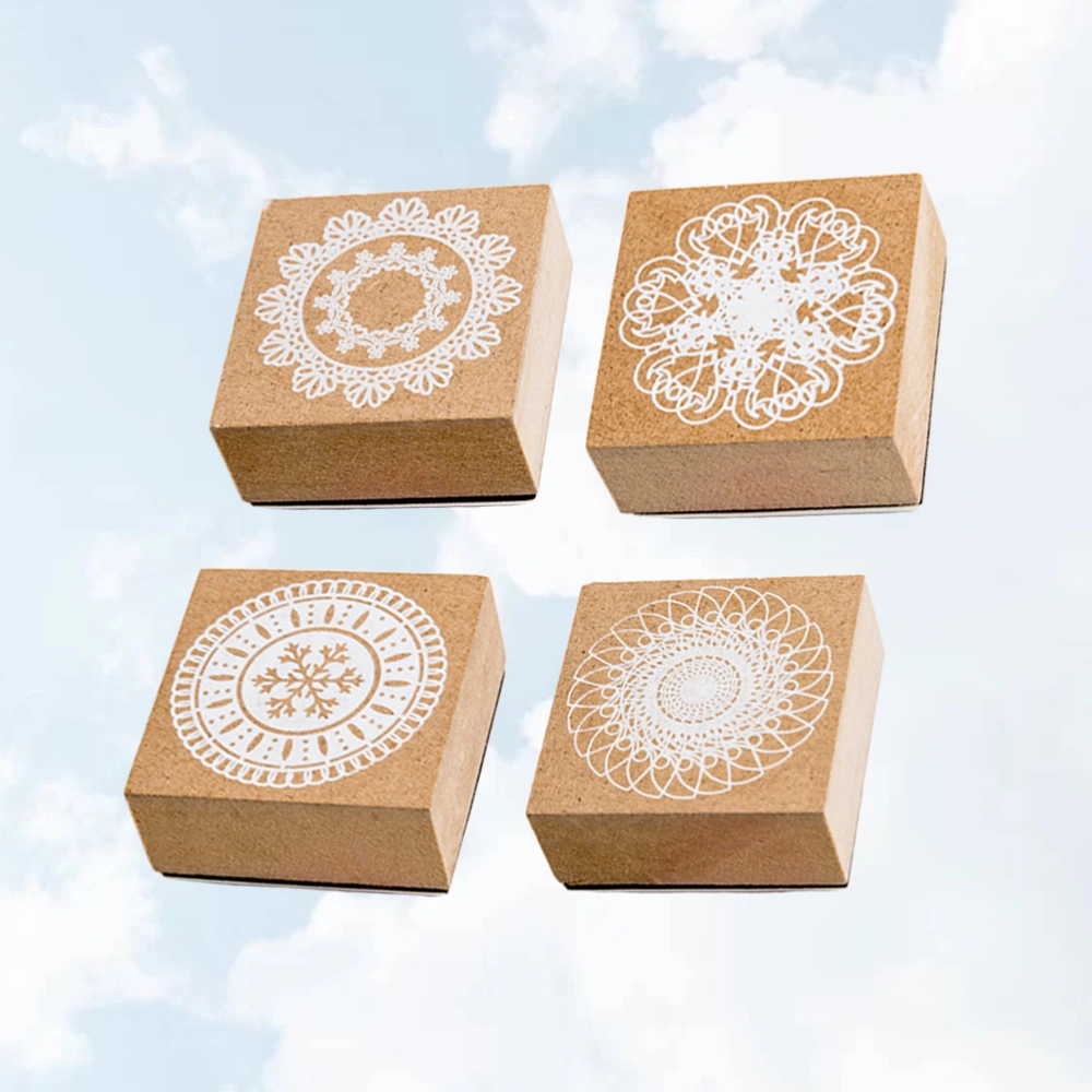 4Pcs Lace Printed Wooden Stamper Simple Funny Round Rubber Stamper DIY Diary Scratch Decor (Random Style)