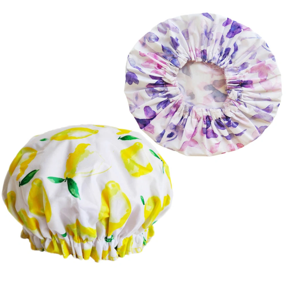 2pcs Double Layer Shower Hat Chic Bathing Waterproof Hair Protective Caps Bath Hat for Women Ladies Female (Butterfly Pattern + Lemon Pattern)