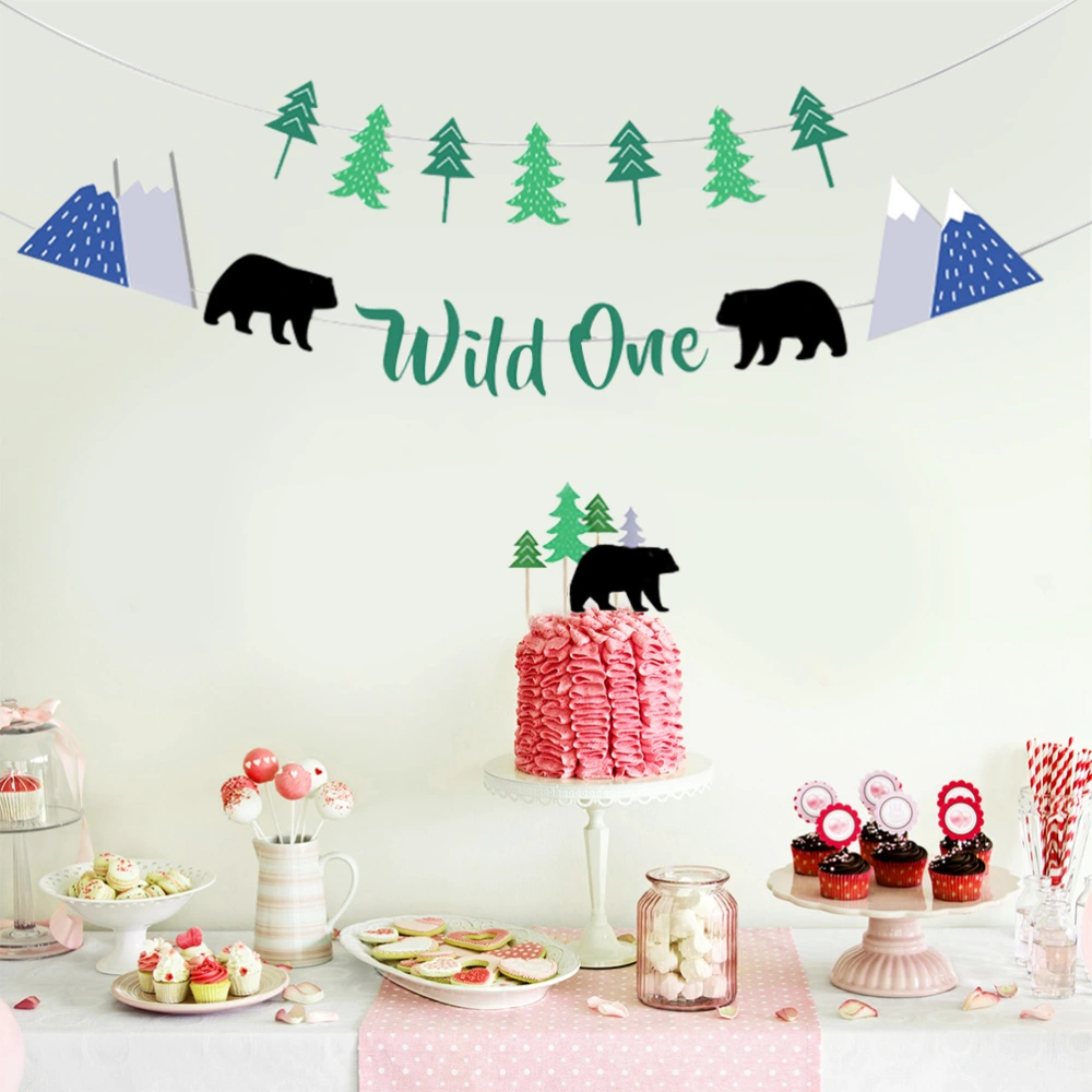 7pcs Green Forest Theme WILD ONE Letter Banner Bear Cake Topper Decoration Set Party Supplies(1pc Green Forest Banner+1pc Wild One Banner+5pcs Cake Topper Picks)