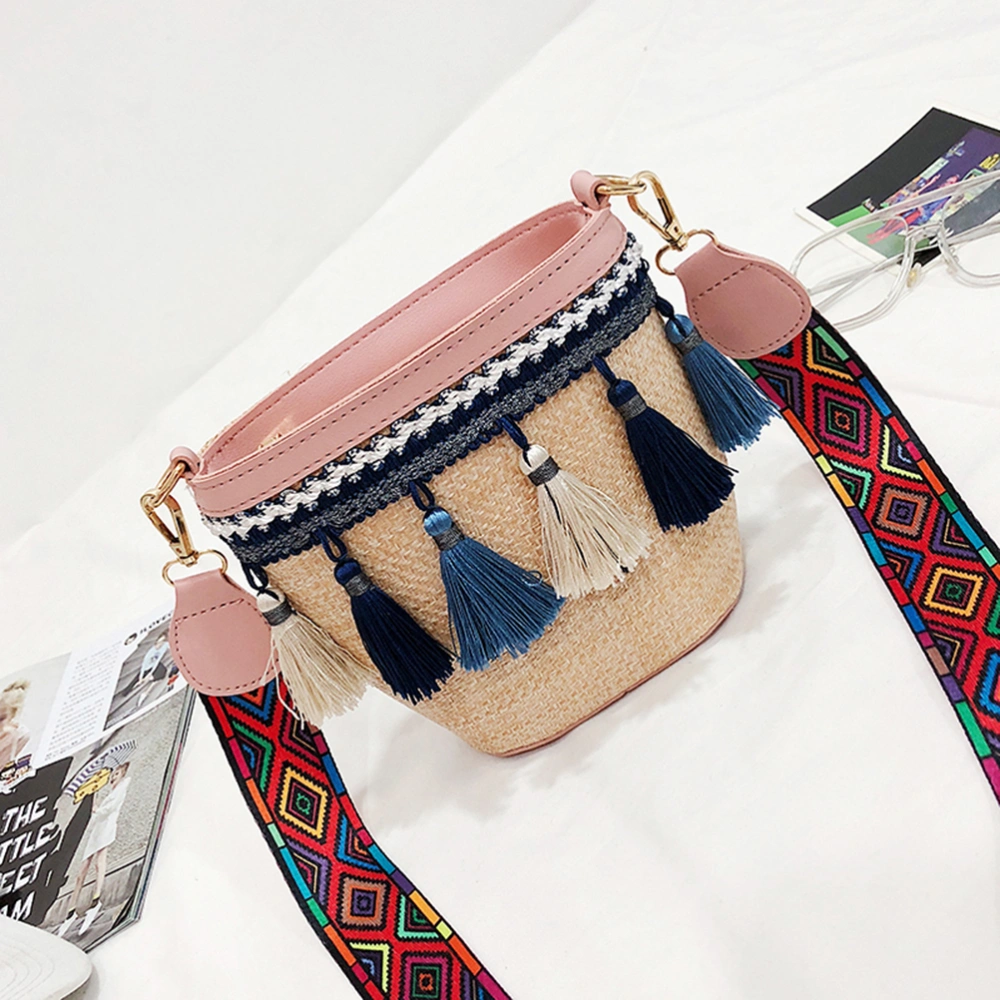 Straw Braid Shoulder Bag Ethnic Style Shoulder Bag Tassel Crossbody Bag Casual Shoulder Bag (Blue)