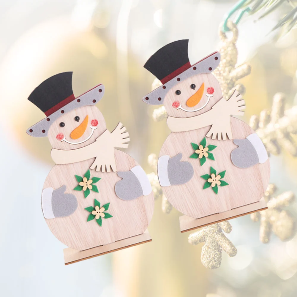 2pcs Wooden Snowman Christmas Ornament DIY Xmas Party Stand Decoration Adornment Christmas Party Decor (Snowman with Tall Hat)