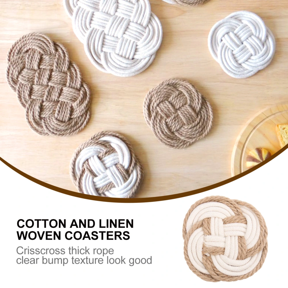 Cotton Thread Weave Coaster Non-slip Placemat Cup Mat Hot Insulation Pad  Weaved Tableware Mat (Round Shaped White + Brown)