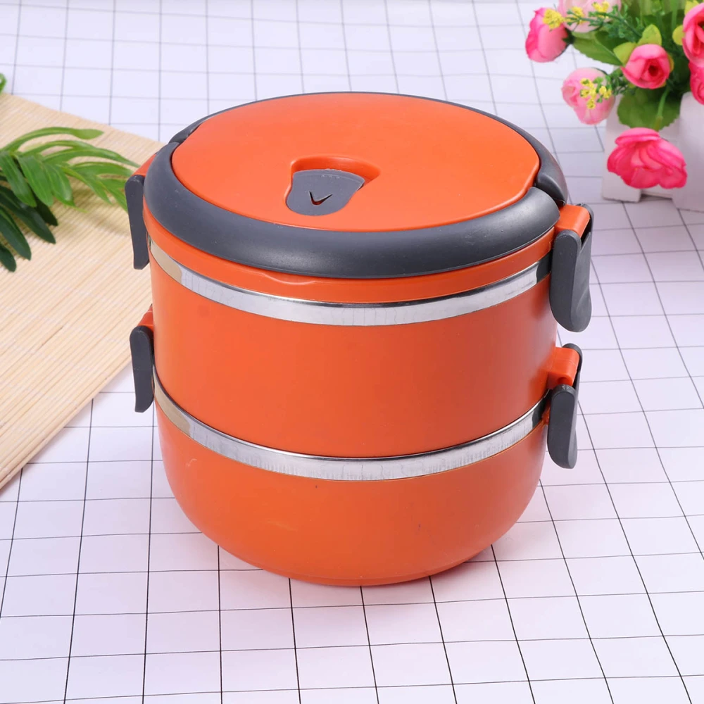 Two Tiers Stainless Steel Thermal Insulated Lunch Box Lock Container Food Storage Boxes (Orange)