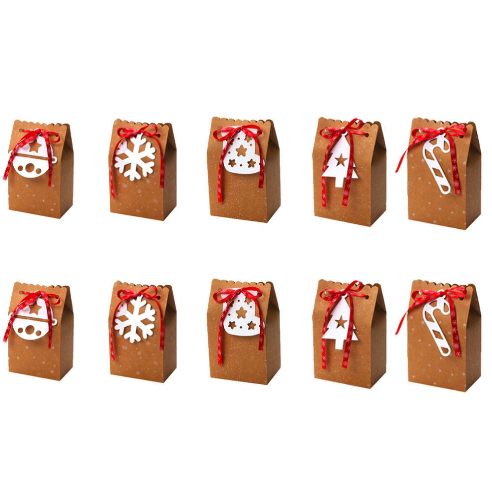 10pcs Large Christmas Portable Candy Boxes DIY Baking Biscuits Packing Boxes Kraft Paper Gift Container Sweet Case Party Supplies with Ribbon and White Tag(Bell, Candy Cane, Snowflake, Christmas Tree, Christmas Socks, 2pcs for Each Pattern)