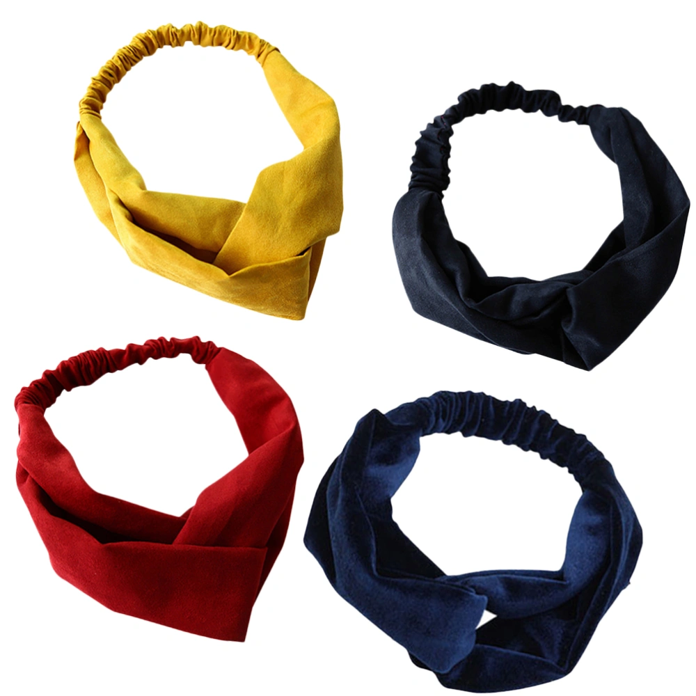 4pcs Solid Color Cross Headbands Elastic Hairband Yoga Hair Accessories for Woman Lady (Yellow, Red, Blue, Black)