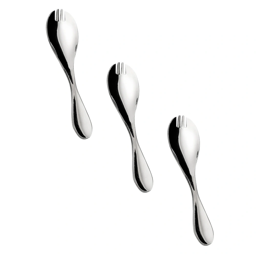 3Pcs Dual Purpose Home Kids Spoons Stainless Steel Handle Fork Spoons (Silver)