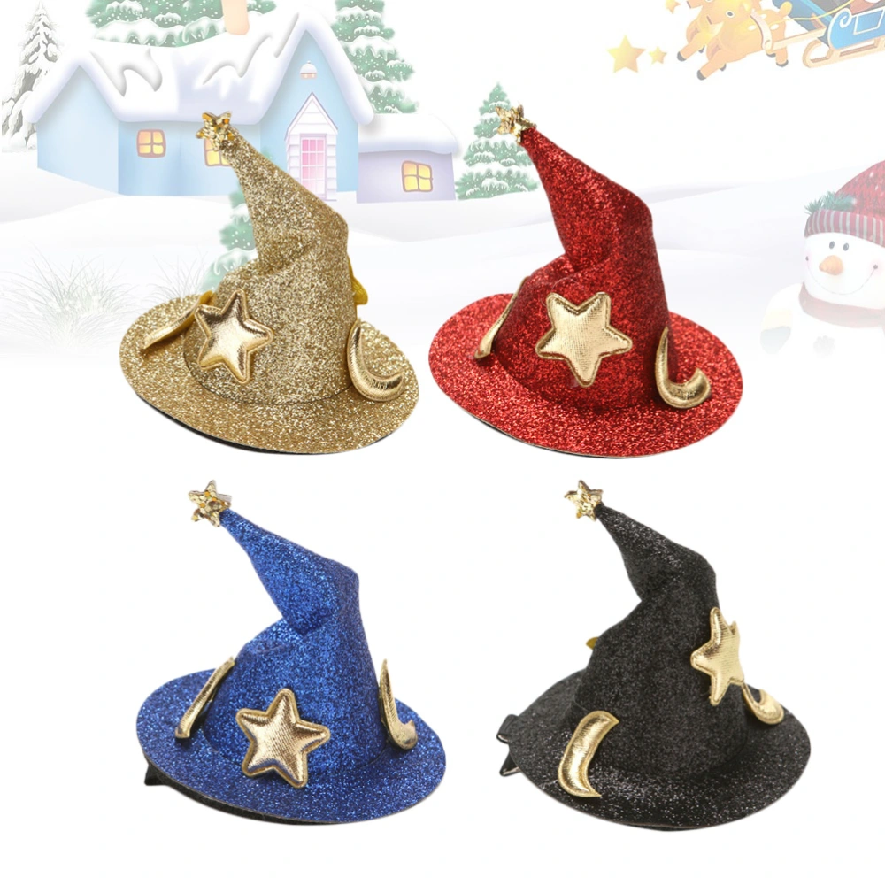 4pcs Halloween Hairpins Witch Hat Shape Hair Barrettes Headwear Clips Hat Shape Hair Pin Party Dress Up Accessory(Golden Hat, Red Hat,Black Hat and Blue Hat, 1pc for Each Color)