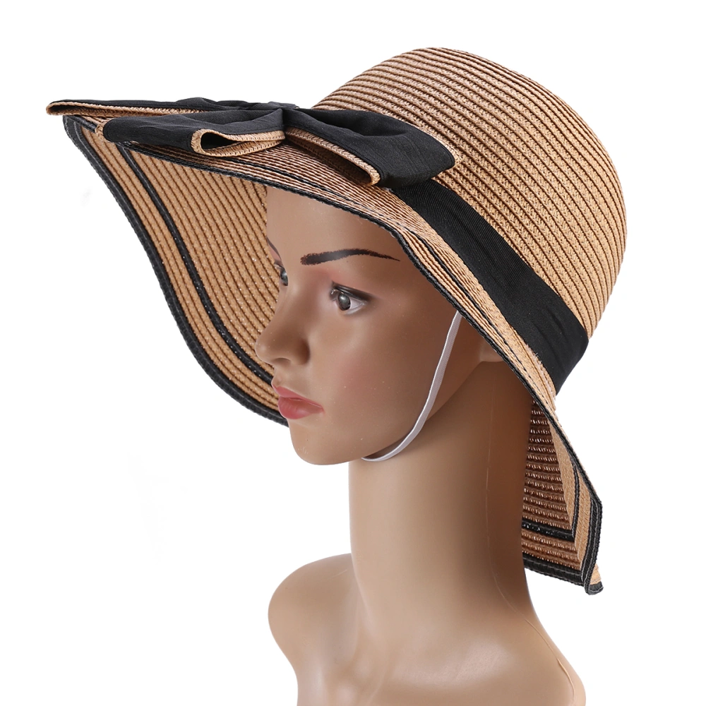 Free Size Outdoor Foldable Sun Straw Hat Beautiful Bowknot Sun Block Wide Brim for Woman Beach Travel Seaside (Black Bowknot, Khaki)