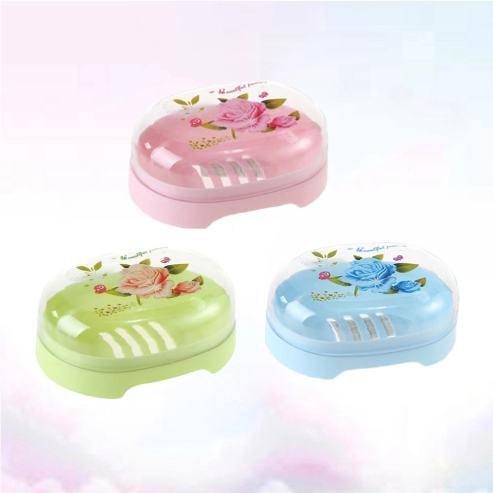 3pcs Plastic Portable Transparent Bathroom Soap Dish Holder Container Box with Lid for Kitchen Bathroom (Gree, Blue, Pink, 1pc Each)