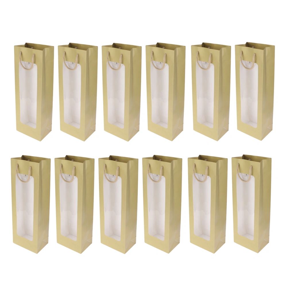 12pcs Single Red Wine Bag Gift Bag Kraft Paper Wine Tote Bag Portable Packging Bag Transparent Window Wine Carrier Bags (Green Gold)