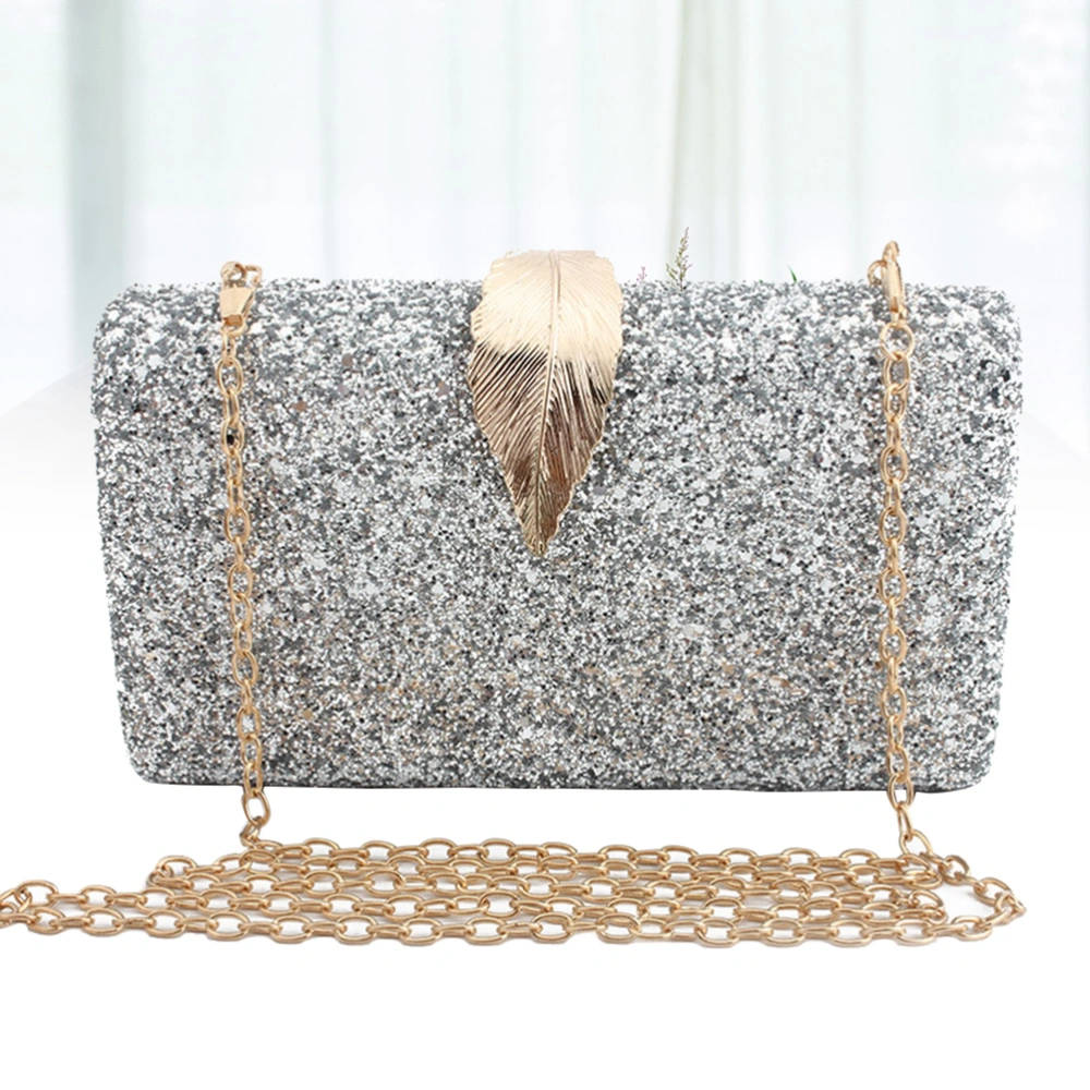 1PC Evening Bag Leaf Buckle Party Handbag Clutch Bag Purse Sequins Decor for Women Ladies Silver