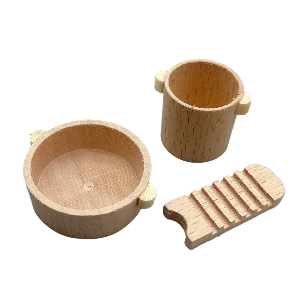 1 Set of Dolly House Laundry Basin Wooden Mini Washboard Miniature Water Barrel