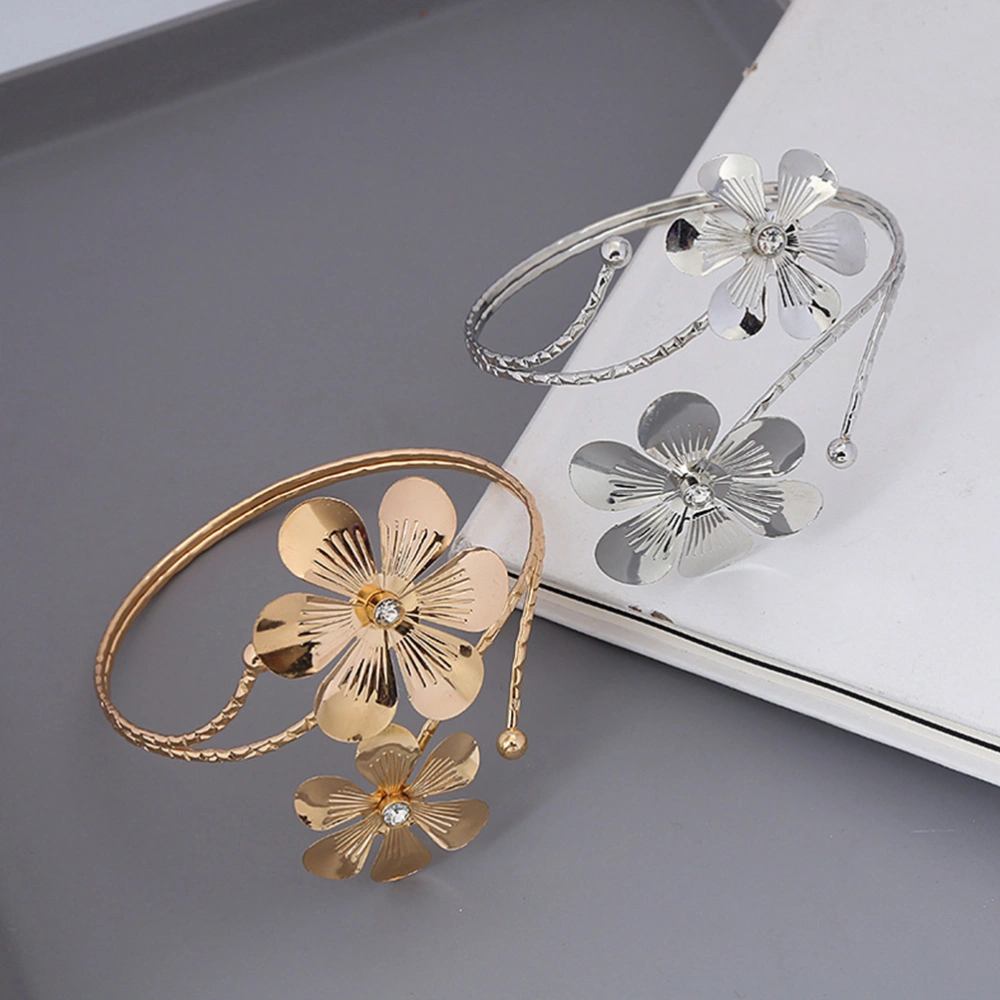 2Pcs Metal Flower Open Armlet Bracelet Rhinestone Armband Cuff Bangle Jewelry