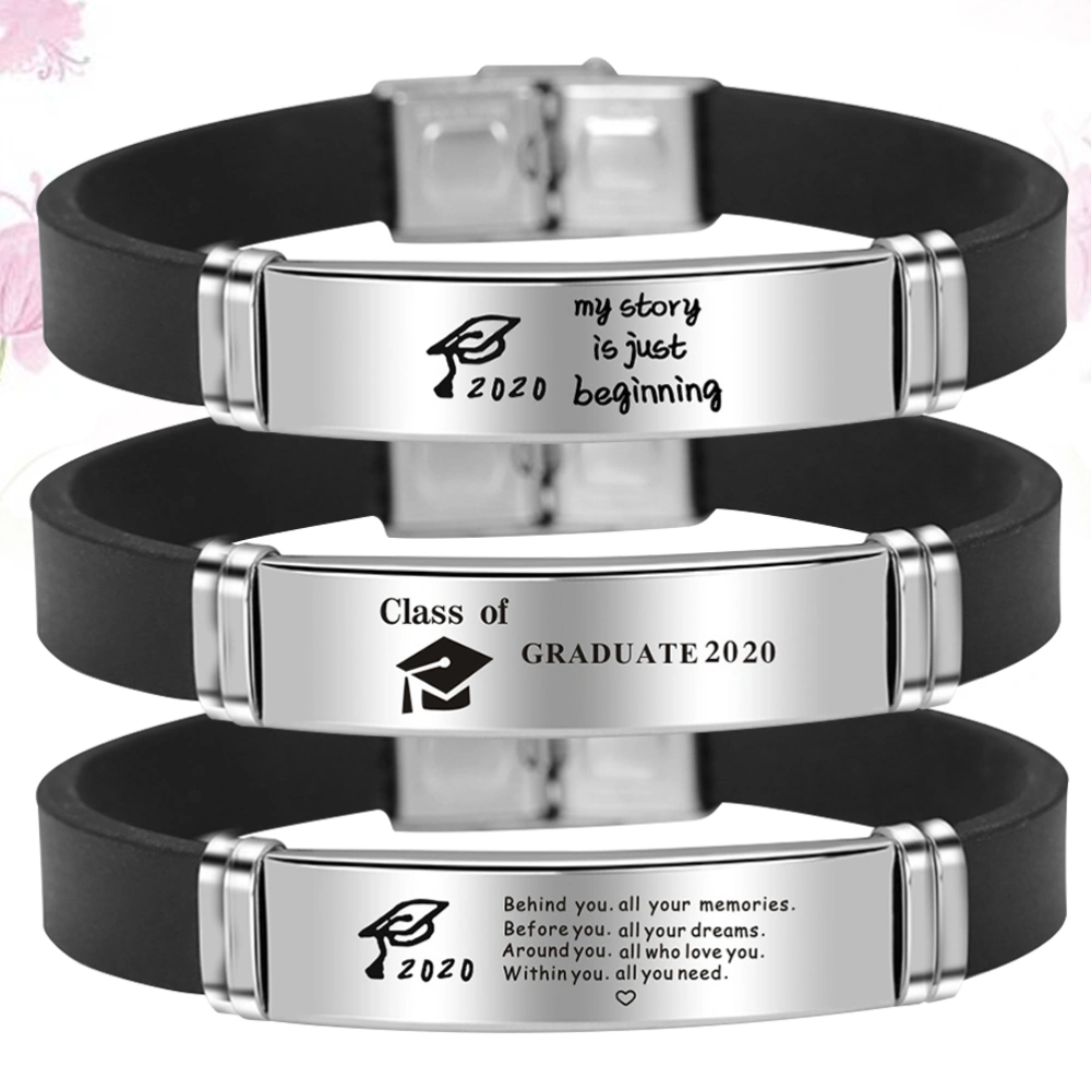 3pcs 2020 Graduation Wristbands Delicate Stainless Steel Silicone Bracelets Fashion Wrist Straps Presents Bangle (Buckle Style 3 Patterns) 