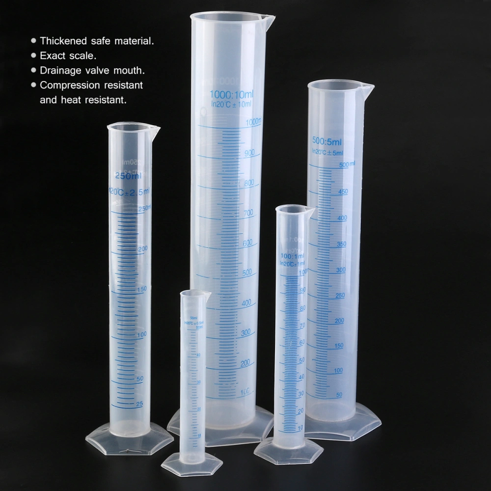 PIXNOR 5pcs Transparent Measuring Plastic Graduated Cylinder 50ml / 100ml / 250ml / 500ml / 1000ml