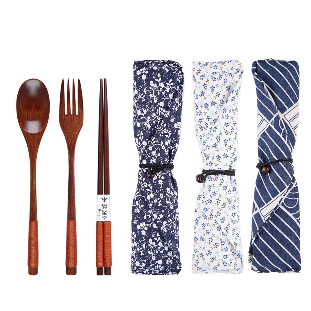 Wooden Fork Spoon Three-piece Suit Japanese Korea Style Travel Portable Tableware Nice Dinnerware(No Entangled 3 Piece Set + Checkered Qinghai Wave Bag)