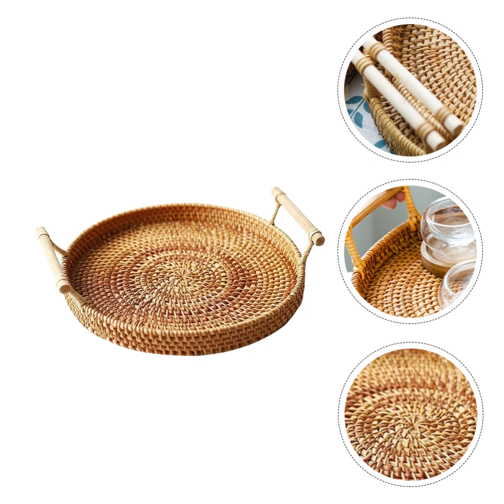 1PC Rattan Woven Basket Practical Picnic Ratten Tray Outdoor  Storage Basket Portable Picnic Basket (Large, Diameter 28x4cm)