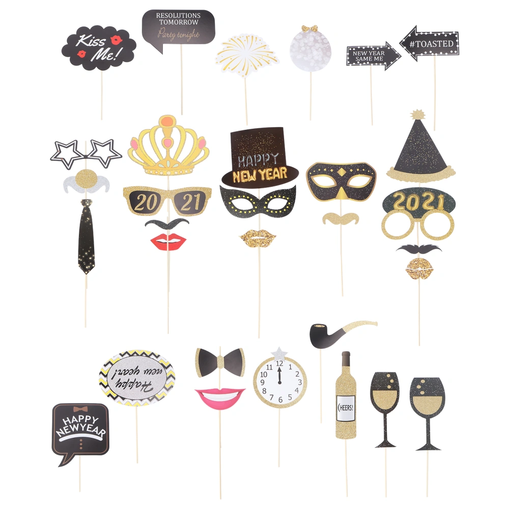 32pcs Funny Party Photo Props Happy New Year Creative Glitter Crown Moustache Decoration Photo Booth Props Set Photography Accessories Party Supplies