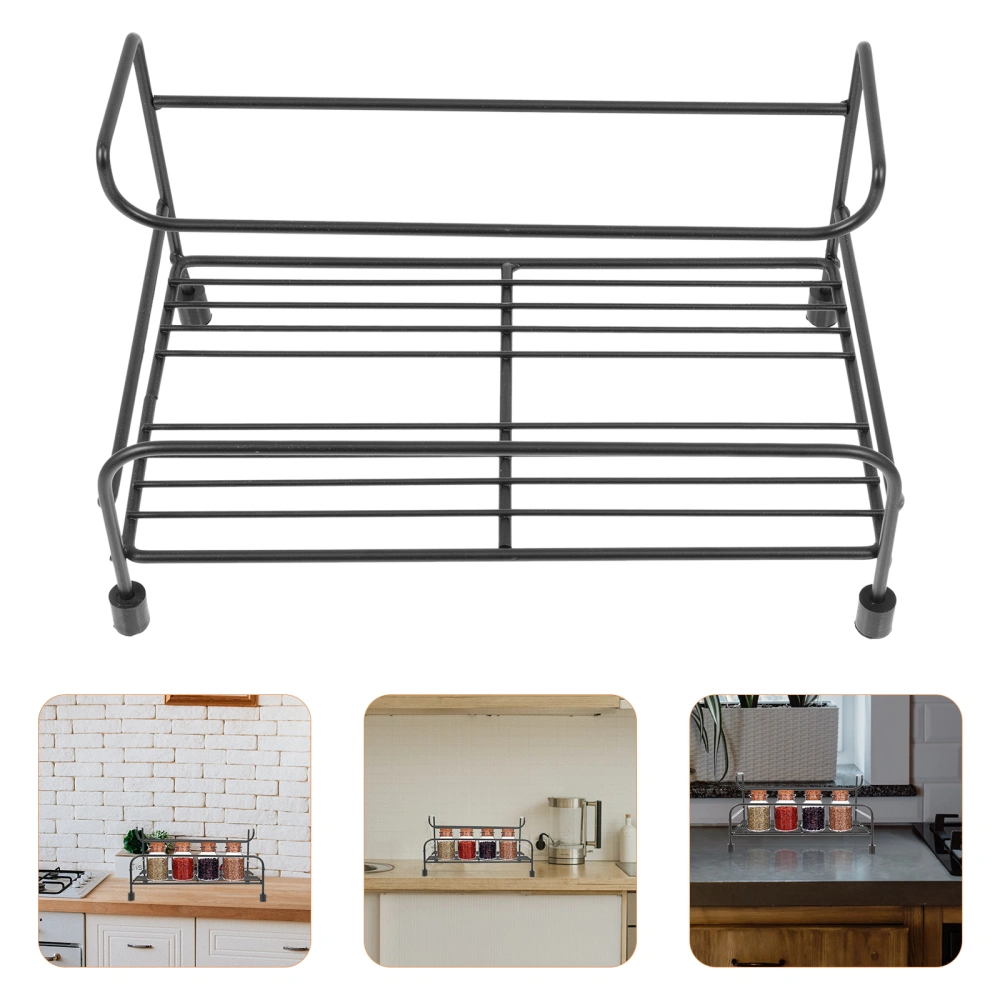 1Pc Kitchen Use Storage Rack Iron Seasoning Rack Double Rows Rack (Black)