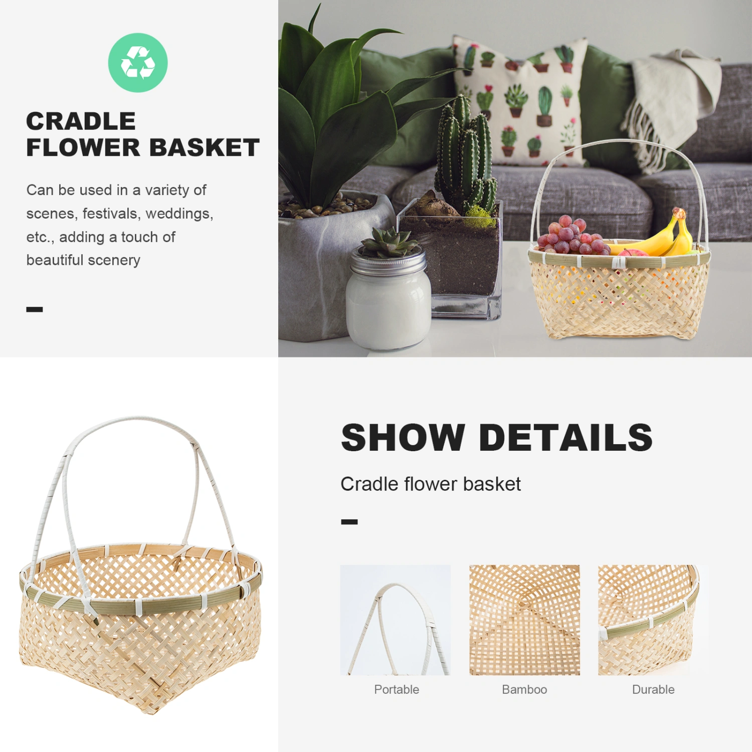Bamboo Woven Portable Fruit Basket Outdoor Picnic Woven Basket Portable Basket